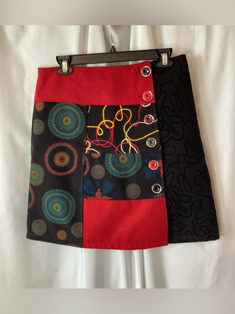Desigual inspired Colorblock Patchwork A-Line Skirt in Black and Red
